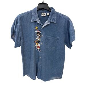 Looney Tunes Classic Denim Shirt Men's XL‎ Embroidered Characters Short Sleeve